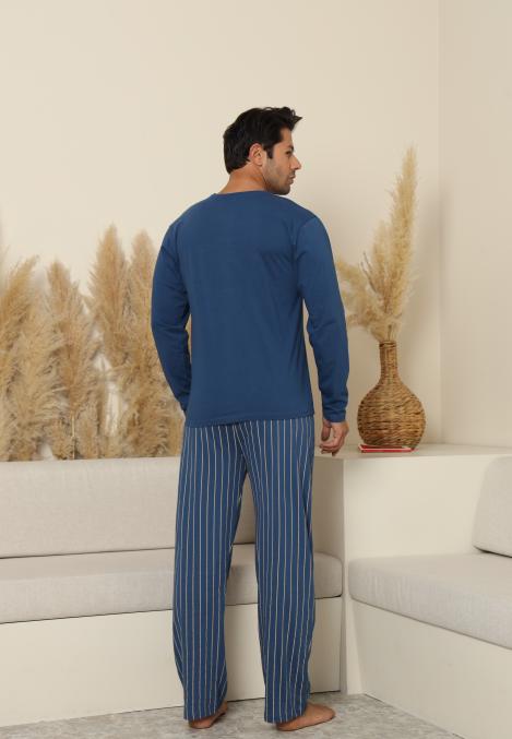 Pijama Barbati ,Maneca si Pantaloni Lungi, Culoare Albastru cu Alb,Engros